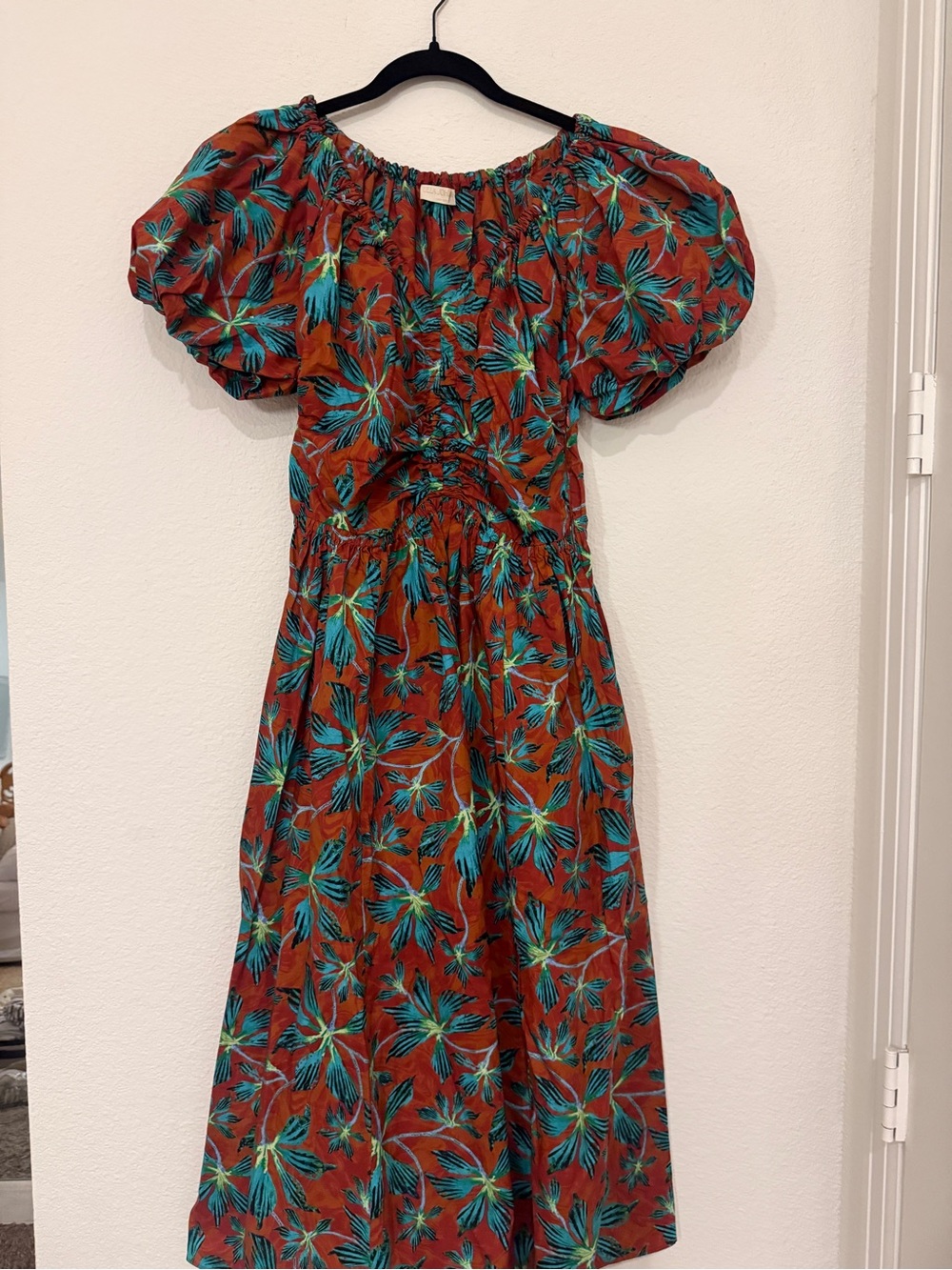 Ulla Johnson Rust Tropical Print Puff Sleeve Midi Dress